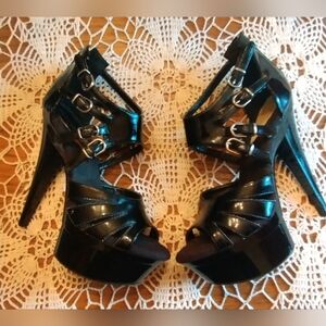 Black Strappy High Heel Sandals with Buckle Accents - Women